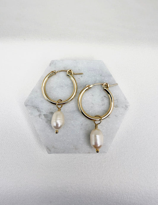 Pearl Drop Hoop Earrings - Large, 14K gold fill