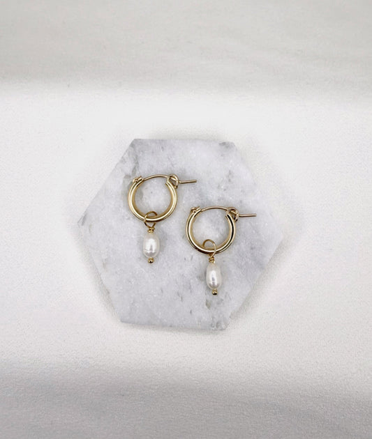 Pearl Drop Hoop Earrings - Small, 14K gold fill
